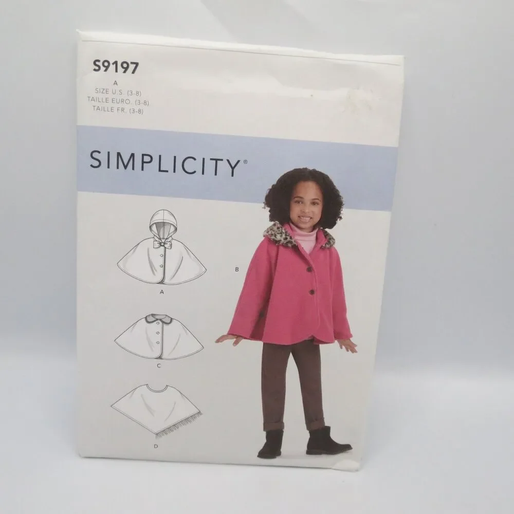 Simplicity S9197 Childrens Capes Ponchos Fringe Hooded Easy Kids Sz 3-8